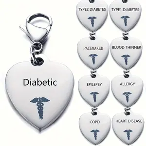 Stainless Steel Heart Shape Creative Medical Id Pendant Keyring For Men, Diabetic Type 1 Type 2 Diabetes Keychain For Men, Ideal choice for Gifts