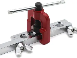 HTTMT- 45 Degree Double Flare Brake Line Flaring Tool Kit with (3/16, 1/4, 5/16, 3/8, 1/2") Adapters Dies Automotive Copper Steel Aluminum Brake Fuel Hydraulic Line Tubing Fitting Case Set