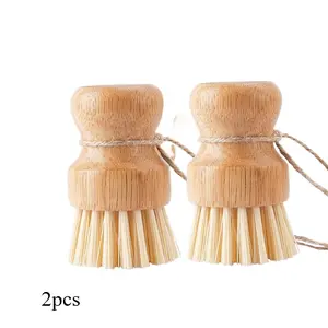 2 Piece Handheld Natural Fiber Pot Brushes, Scrubber, Kitchen Vegetable Washing Brush, Non-Electric Multi-Purpose Cleaning Brush, Fast Drying Wood Base