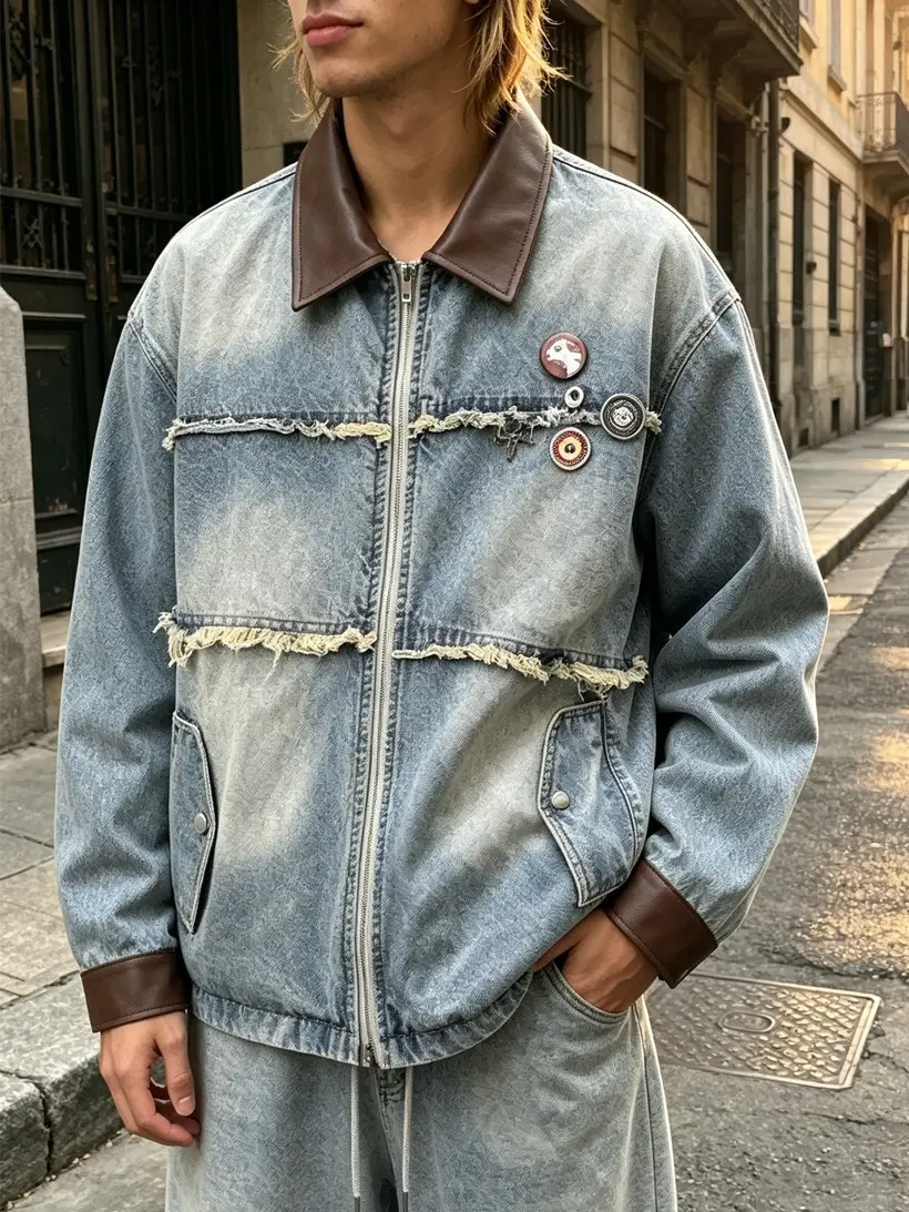Men’s vintage washed patchwork denim jacket featuring pockets and a raw hem design, with a turn-down collar—an essential fashion piece for everyday street style.sohochic