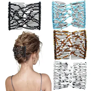 4 Pieces Elastic Beaded Magic Hair Comb Stretchy Double Comb Hair Fork Clips No Crease Hairpins Combs for Women Girls Vintage Hairstyle Multipurpose Hair Accessories, 4 Color (Beads Style)
