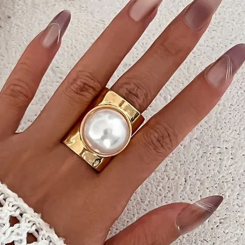 Y2K Punk Pearl Wide Open Ring for Women Men Metal Simple Geometric Exaggeration Finger Accessories Party Gift Fashion Jewelry Statement Rings