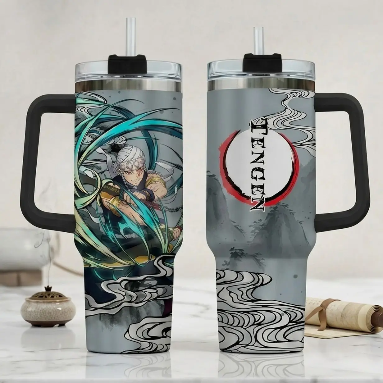 Tengen Uzui Inspired 20oz/30oz/40oz Stainless Steel Tumbler with Handle – Sound Hashira Double Wall Vacuum Insulated Travel Mug, Anime Fan Gift