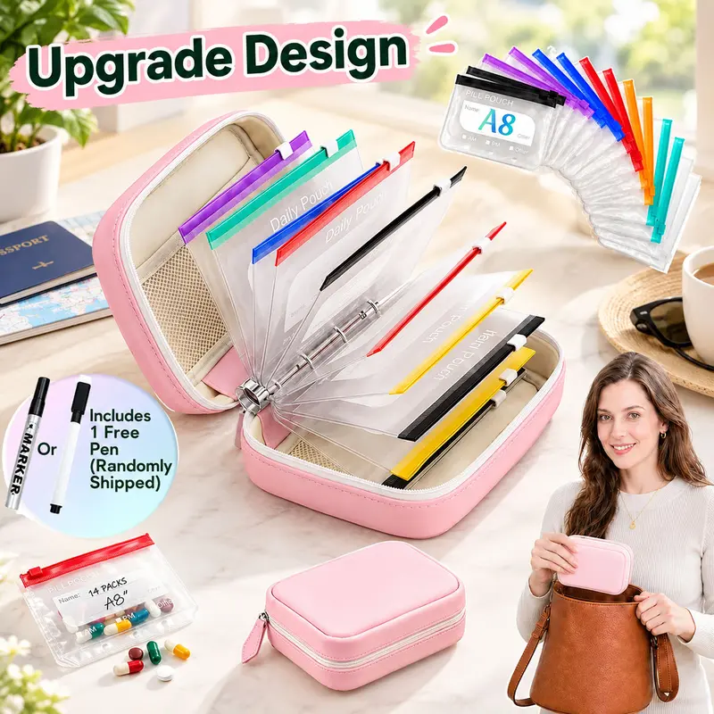 [Dealsforyoudays] A8 Waterproof Pill Organizer Set, Large Weekly Pill Organizer 14 Color-Coded Medicine Pouches, Travel Pill Organizer for Vitamins, Supplements, Fish Oil, Reusable Travel Medicine Organizer, Includes Free Black Marker Pen,Summerwins