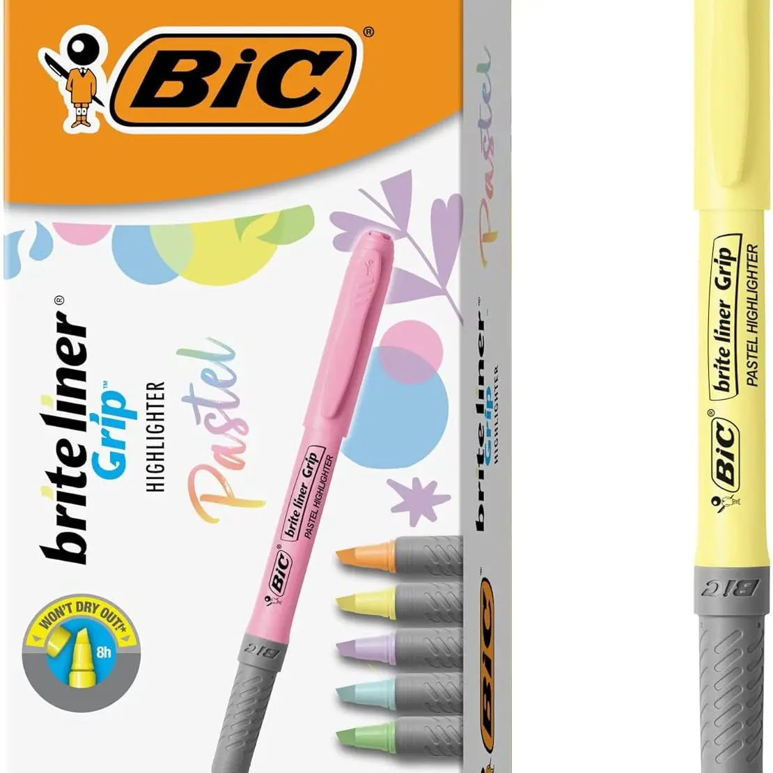 BIC Brite Liner Soft Grip Fiber Tip Markers & Highlighters, Chisel Tip, 12-Pack Assorted Pastel Colors, Office Stationery for Students, Writing Tool