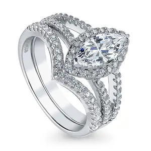 BERRICLE Sterling Silver Halo Wishbone Engagement Rings Statement Stackable Band Split Shank Ring Set for Women, Marquise Cut Cubic Zirconia CZ