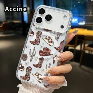 Western Cowboy Elements Pattern Magnetic Phone Case for iPhone 17 Pro Max 17 Air Non-Yellowing Clear Crystal Drop-proof Slim Silicone Shockproof Transparent Acrylic Large Hole Cover Supports Wireless Charging