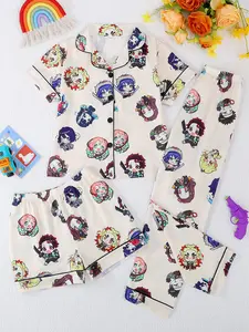 Girls' Cartoon Anime Character Sleepwear Set, Cartoon Print Pajama, Casual Fitted Short Sleeve Button Down & Shorts Pants, All-Season Wearable Home Clothes