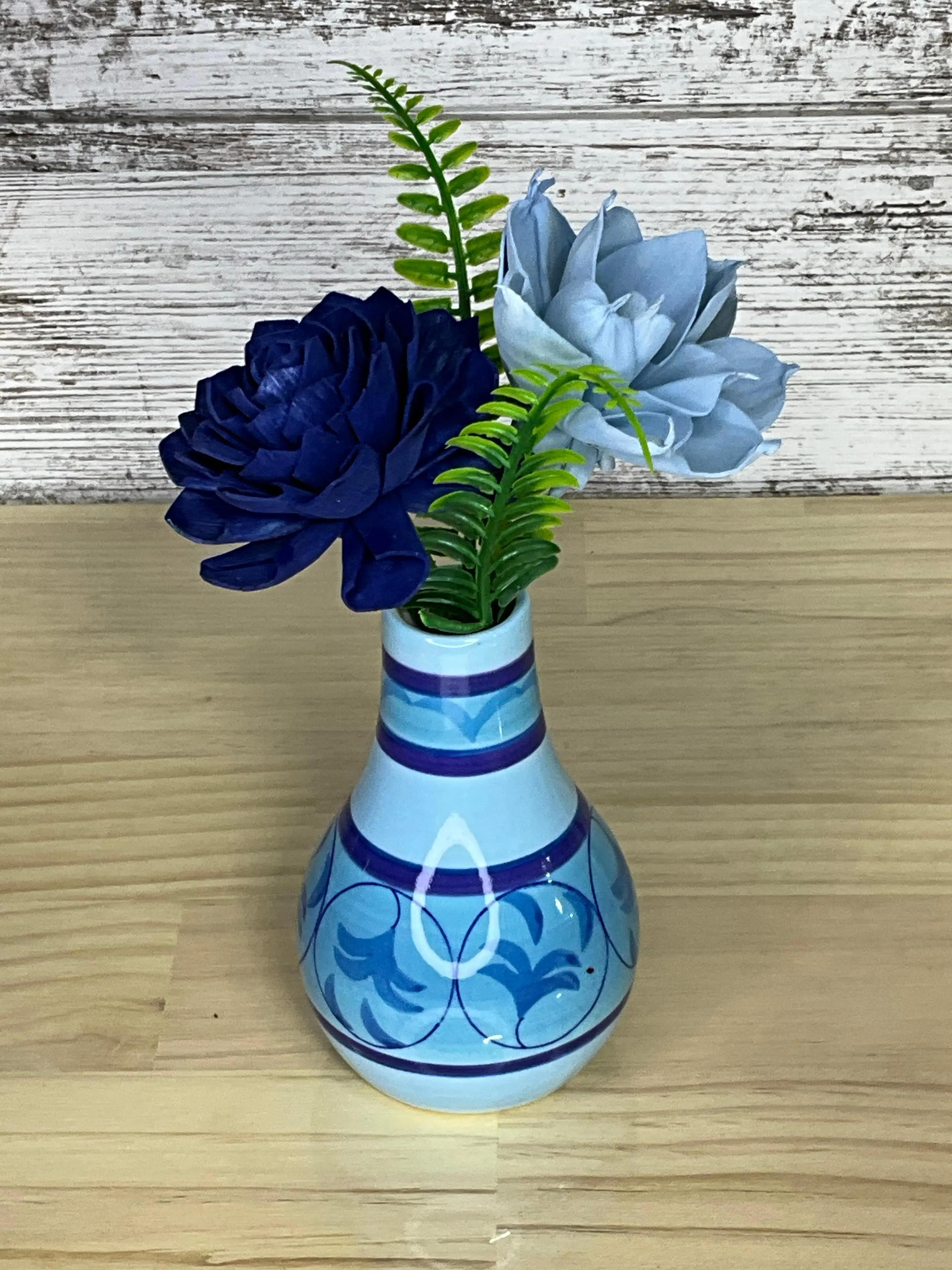 Navy & Powder Blue Sola Wood Flower Arrangement in Hand-Painted Ceramic Vase