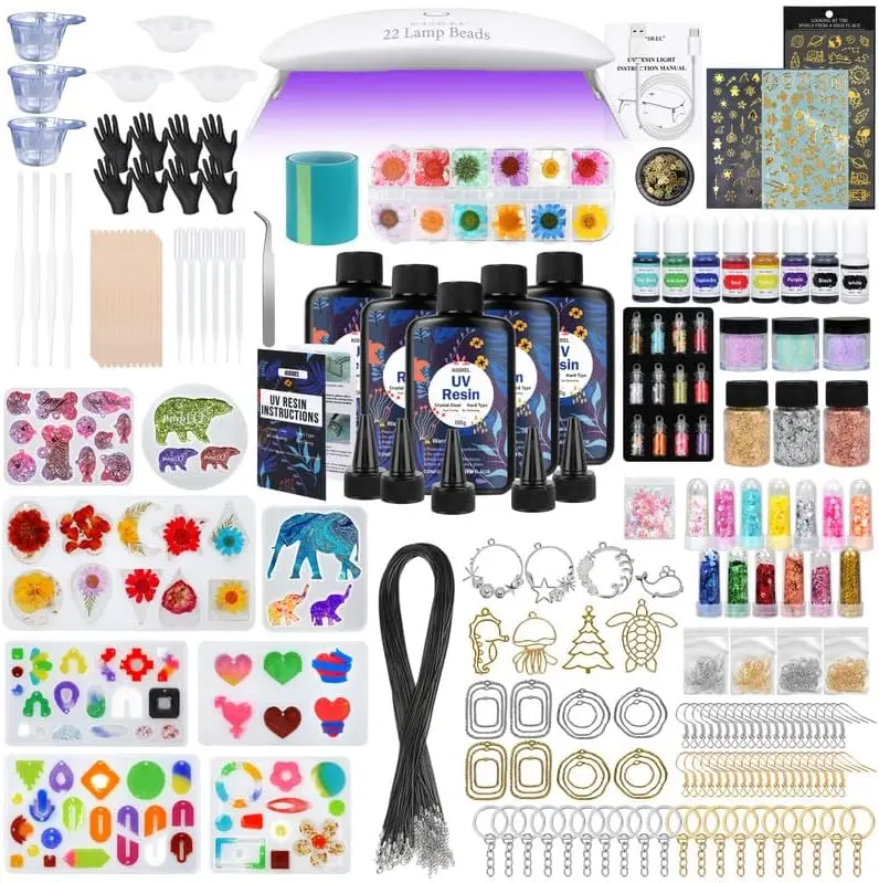 KISREL UV Resin Jewelry Making Kit - 500g Crystal Clear UV Resin, Large Light with 22 Beads and Jewelry Molds, Fast Curing for Keychains, Earring Making, DIY Craft Decorations