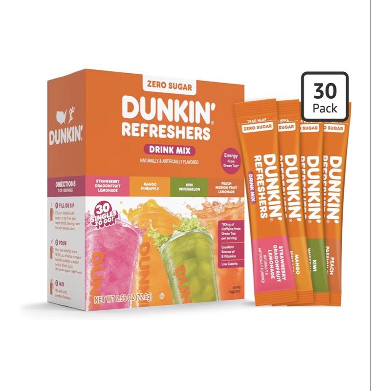 Dunkin' Refreshers Zero Sugar Singles to go Powdered Drink Mix Variety Pack, 30 Count Packets