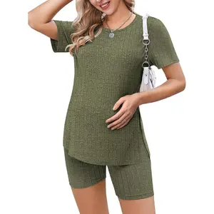 Maternity Sets 2 Piece Outfits Ribbed Knit Short Sleeve Shirts and Biker Shorts Pregnancy Loungewear Mama Clothes