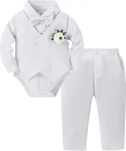 Baby Boy Clothes Suits 5PC Infant Gentleman Outfit Dress Shirt+Bowtie+Vest+Corsage+Pants Wedding Baby Suit