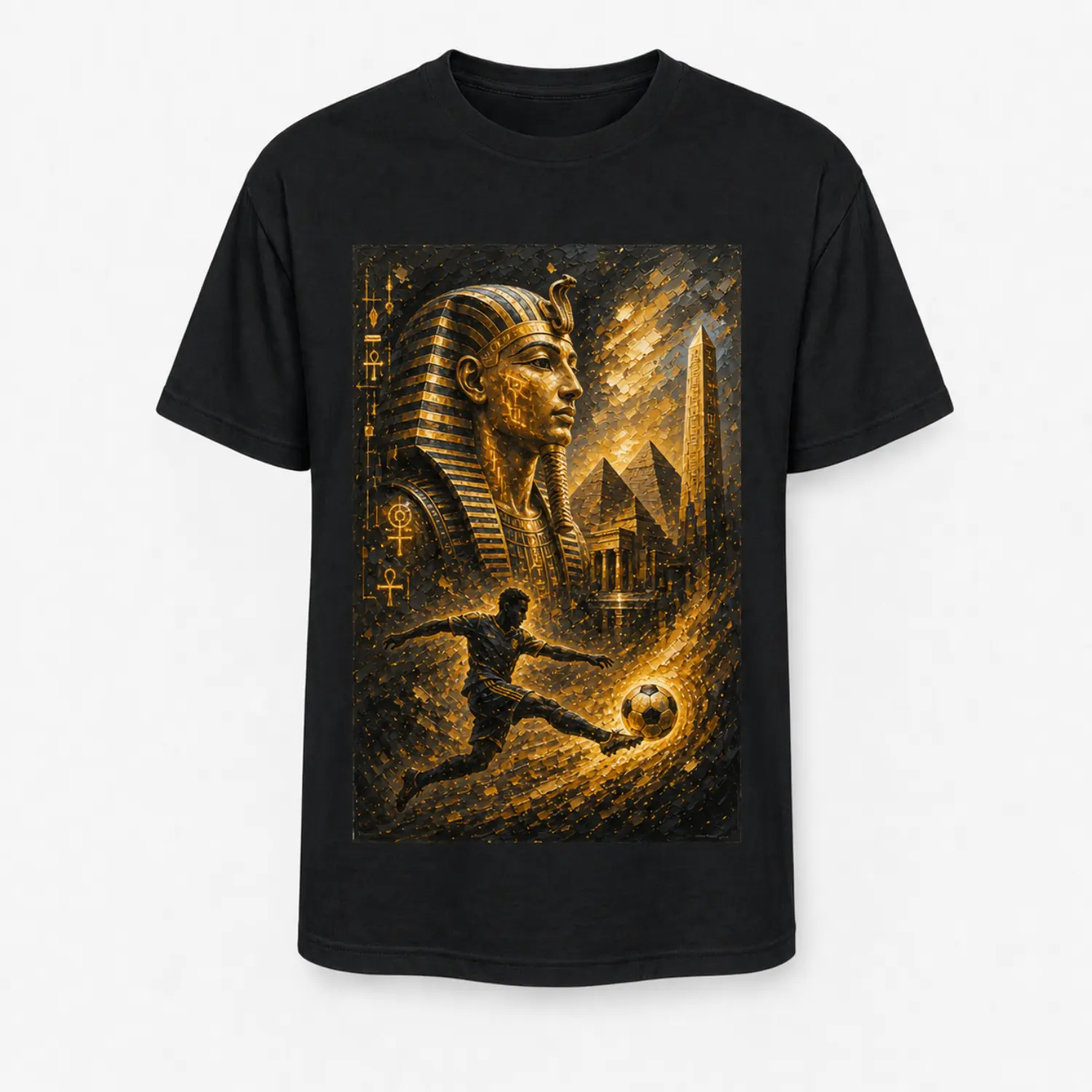 Pharaoh Soccer Vintage Graphic T-Shirt - Golden Egyptian Art Tee for Men & Women, Casual Black Short Sleeve Sportswear