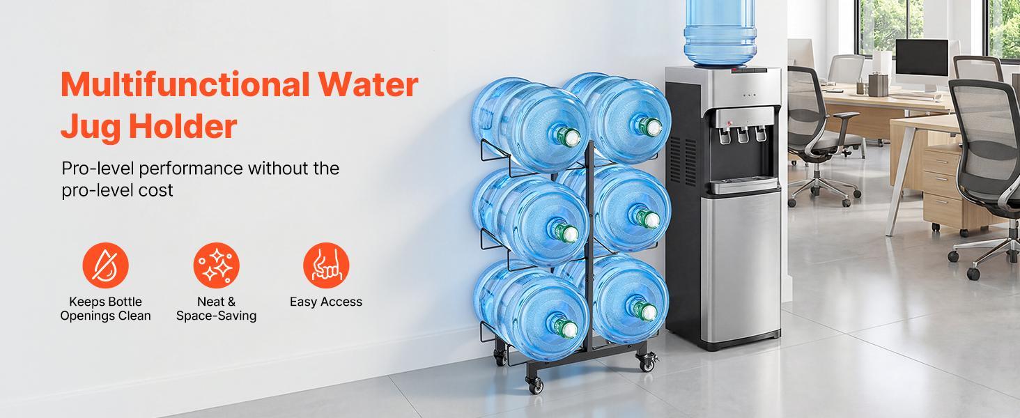 【Summerfinds】VEVOR Water Jug Holder3 Tiers Double Rows 3 and 5 Gallon Water Bottle Holder for 6 BottlesHeavy Duty Jug Rack Organizer with Casters and HandlesFoldable for KitchenOfficeLiving RoomBlack