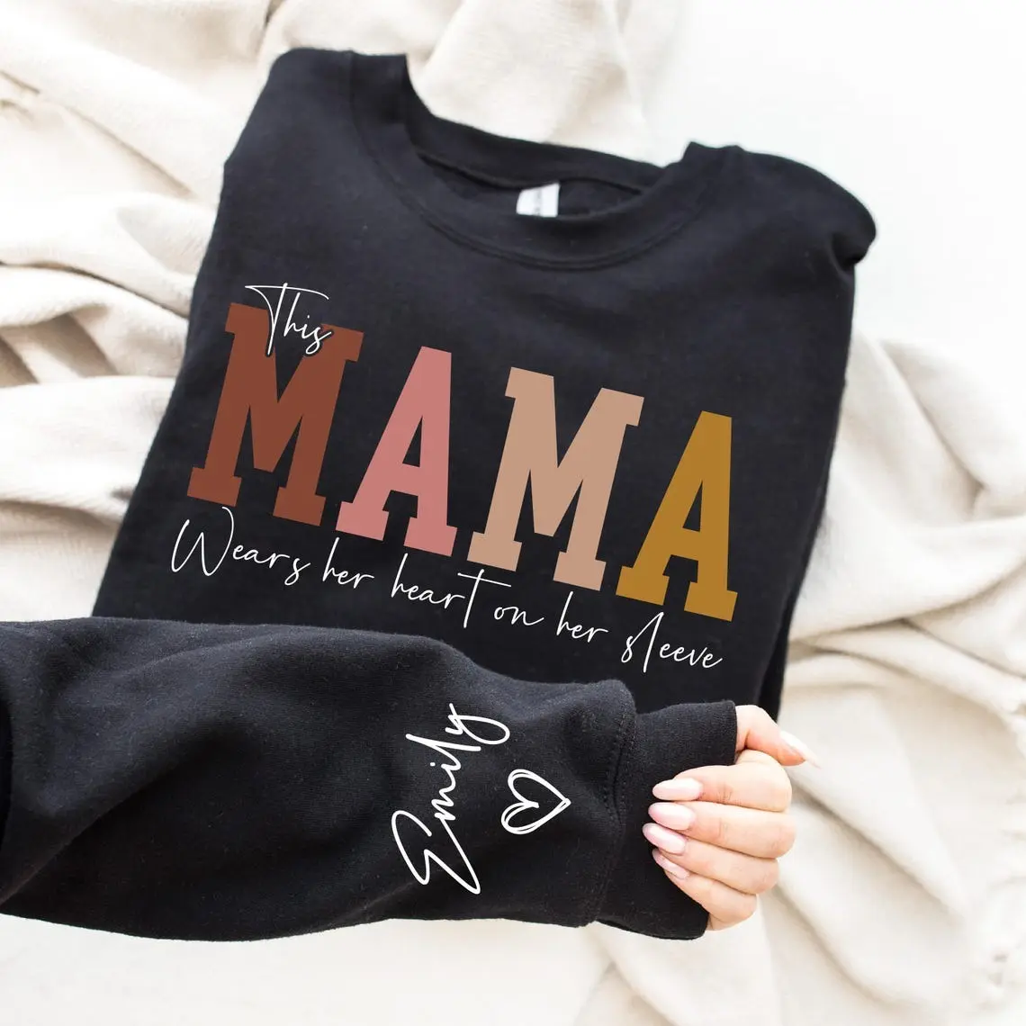 This Mama Wears Her Heart on Her Sleeve Sweatshirt, Personalized Kids Name on Sleeve, Mothers Day Gift, Christmas Gift for Mom, Mom Life Sweatshirt