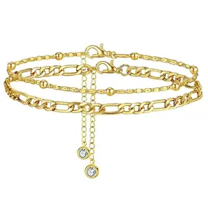 Women 2Pcs Anklet Bracelet Set Stainless Steel Cuban Link Rice Bead Chain Anti-fade Fashion Foot Ankle Jewelry