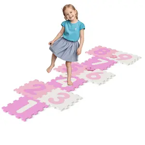 Colorful Kids Hopscotch Foam Mat with 9 Interlocking Tiles & 3 Marker Discs, Non-Slip Play Mat for Toddlers 10 Months+