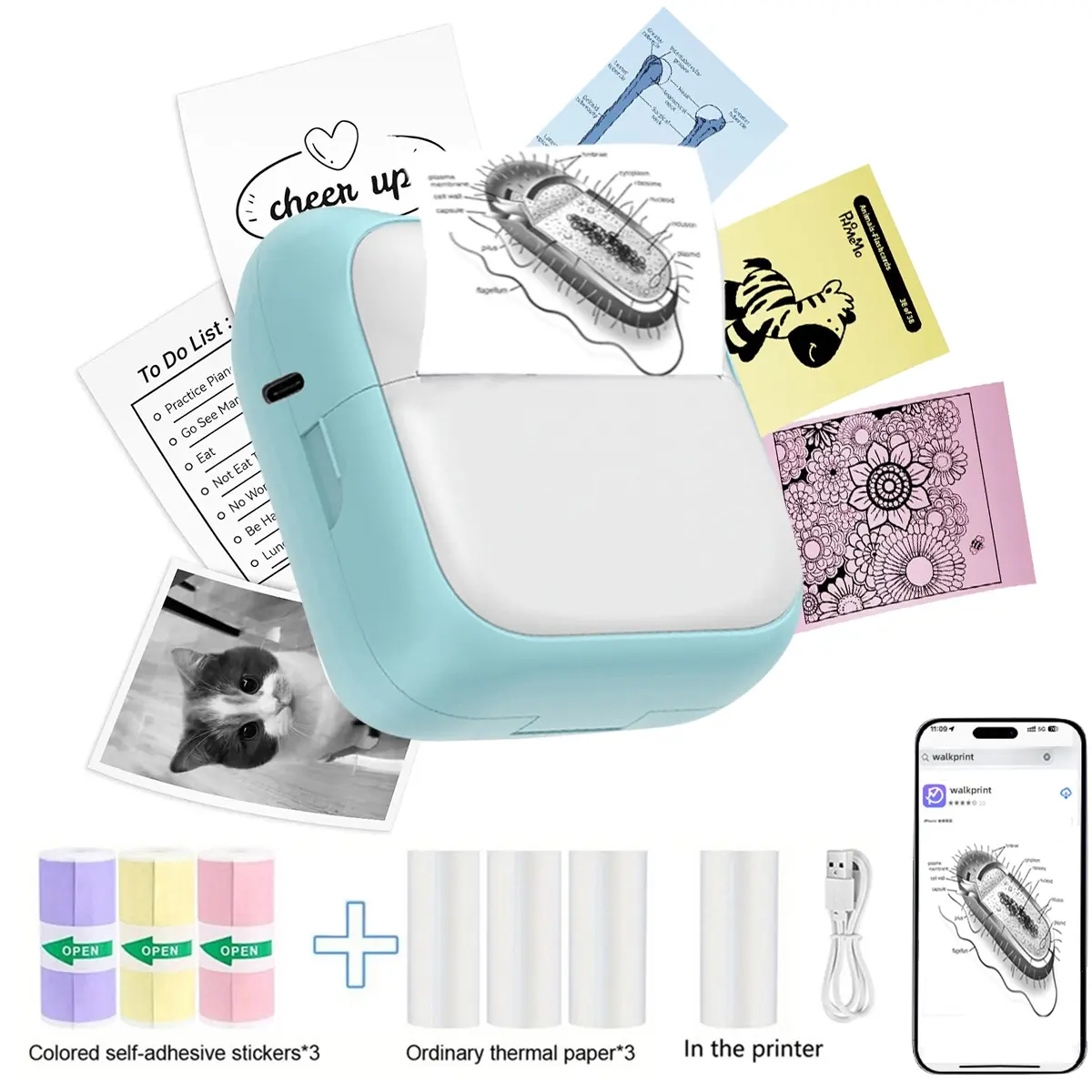 Mini, Portable Handheld Inkless Thermal Printer Sticker Maker with 6 Rolls Printing Paper, Pocket Compatible with iOS & Android, for Notes, Pictures, Photos, Flashcards, Journal, DIY