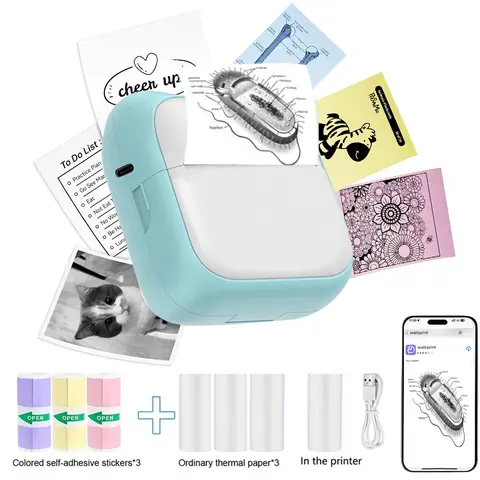 Mini, Portable Handheld Inkless Thermal Printer Sticker Maker with 6 Rolls Printing Paper, Pocket Compatible with iOS & Android, for Notes, Pictures, Photos, Flashcards, Journal, DIY