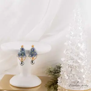 Blue Christmas Tree Earrings with Hydrangea Flowers – 14k Plated
