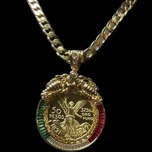 Centenario 50 Pesos Gold Coin Pendent with 10mm Cuban Chain 24in Long for Men