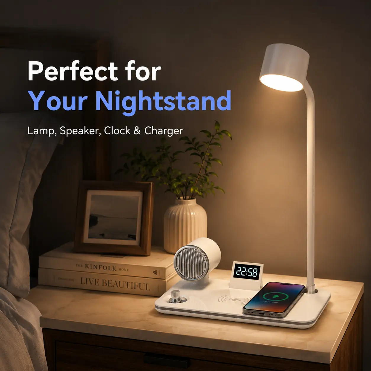 Adjustable Gooseneck LED Desk Lamp, 4 in 1 Multi-Function Table Light with Wireless Charger, Bluetooth Speaker, Digital Display Clock, Dimmable Reading Lamp for Bedroom, Dorm, Office Desk Back to School  For Students