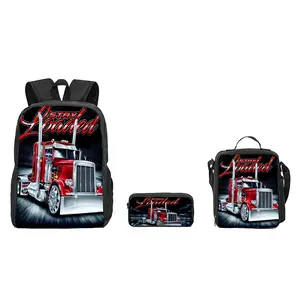 Stay Loaded Trucker Style 3-In-1 Backpack Set Red Semi Truck Themed Backpack With Lunch Box & Pencil Case Streetwear School Backpack Large Capacity Bookbag For Truck Enthusiasts Back To School Gift Casual Travel Daypack For Teens Boys Girls Students