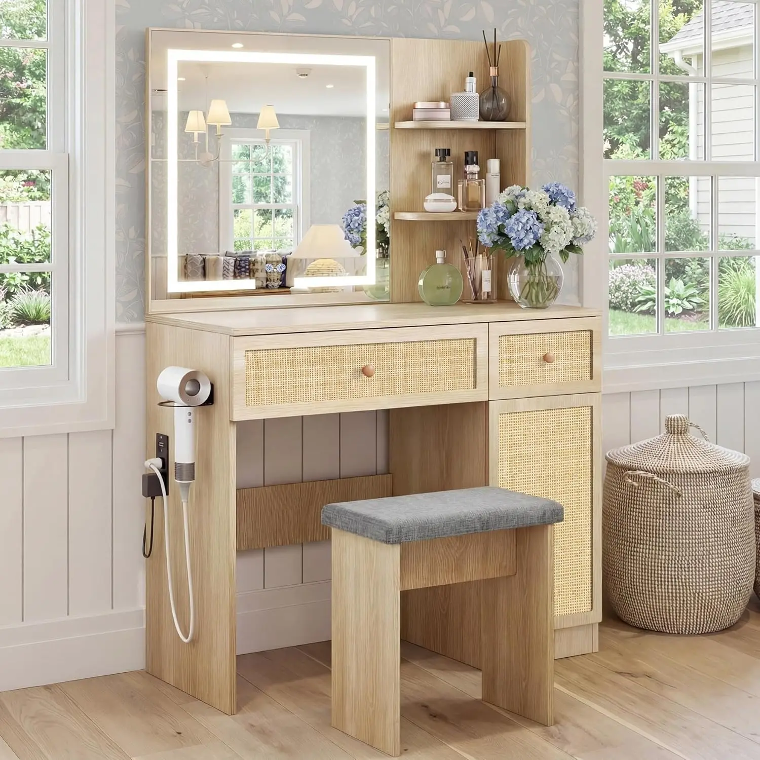 Yechen 35" Boho Modern Smart Makeup Vanity Desk Set - Wooden Dressing Table with LED Lighted Mirror, Power Strip, Rattan Drawers, Storage Shelves & Cushioned Stool for Bedroom Women, Modern Vanity Desk, Smart Makeup Table