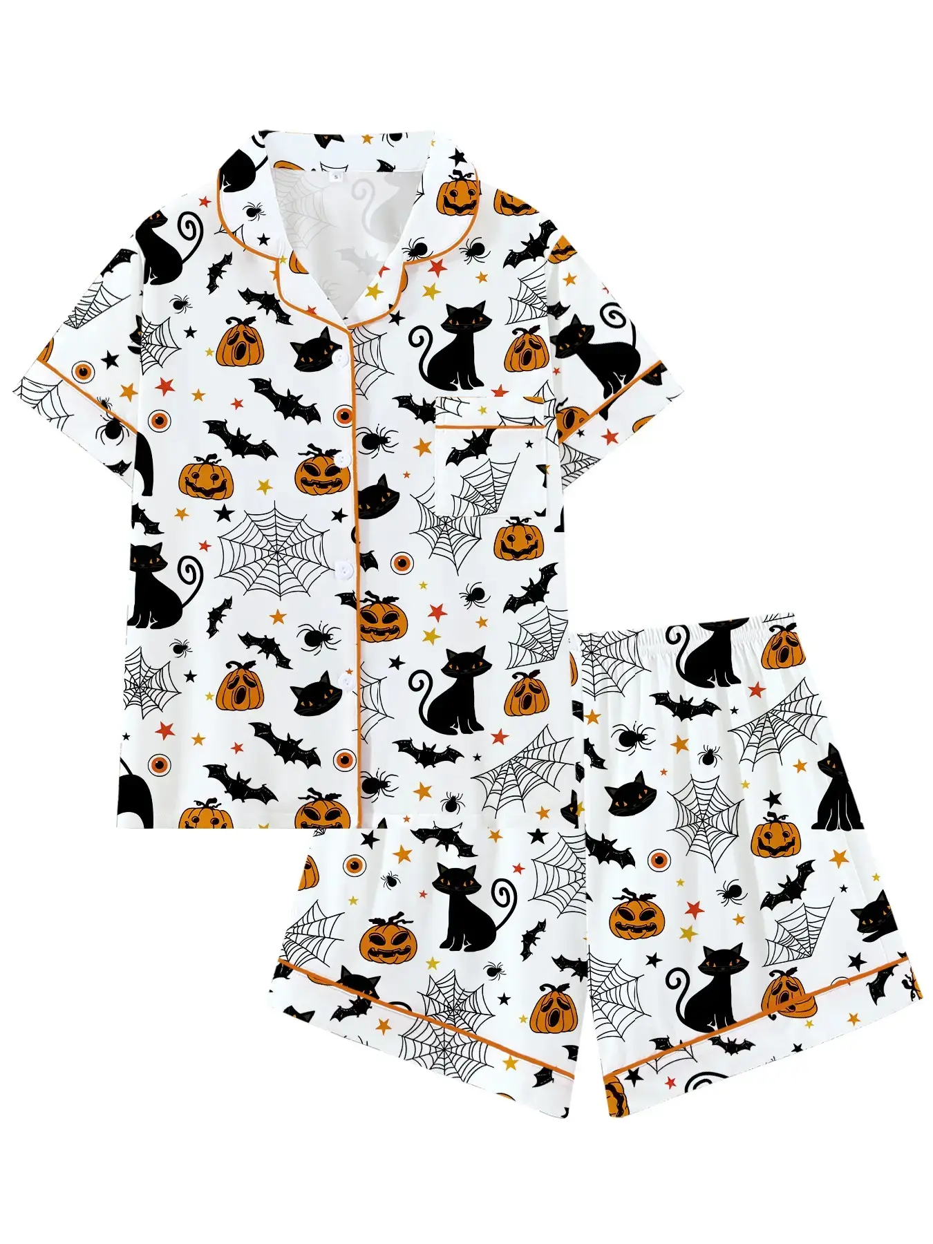 Creepy Cute Skeleton Pajama Set – Goth Short Sleeve Button-Up 2-Piece Sleepwear, Spooky Skeleton Lounge Set