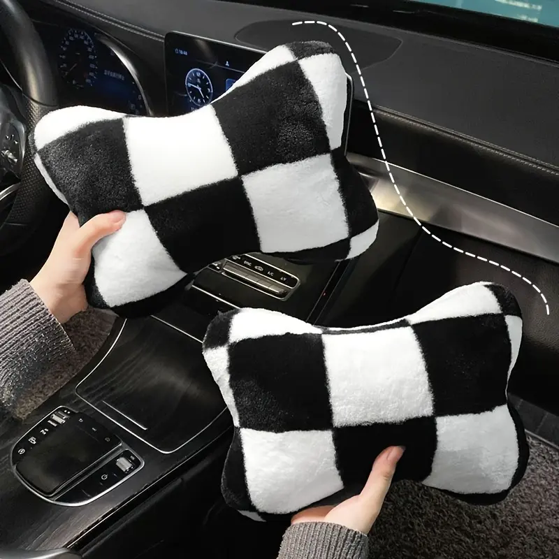 Comfortable driving headrest, black and white car headrest - A soft neck support pillow suitable for most vehicle models, featuring a belt-adjustable snap-on design