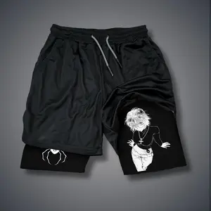 HUNTER×HUNTER 80s 90s Double-Layer Sports Shorts Graphic Shorts Black Camo Streetwear Shorts Men Outfits Men Vacation Outfits Shorts