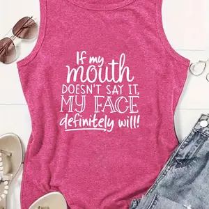 Women's Sarcastic Graphic Tank Top - Funny Shirts, Breathable Fabric, Relaxed Fit, Crew Neck, Casual Summer Sleeveless Top with "If My Mouth Doesn't Say It My Face Definitely Will" Print