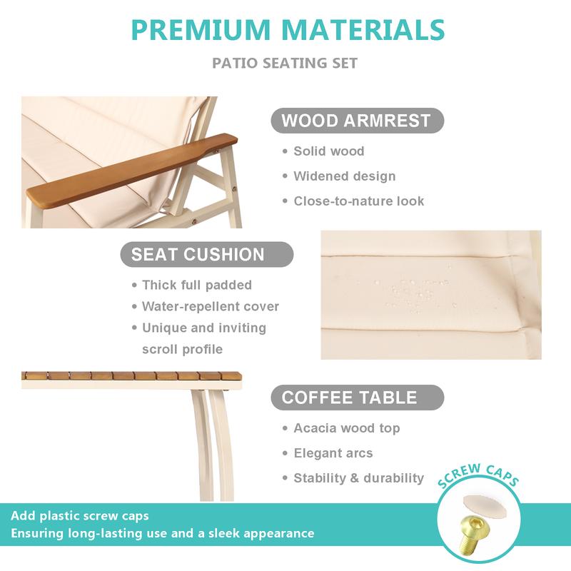 Suntone Modern 4-Piece Patio Conversation Set All-Weather Outdoor Furniture with Acacia Wood Table & Beige Cushions