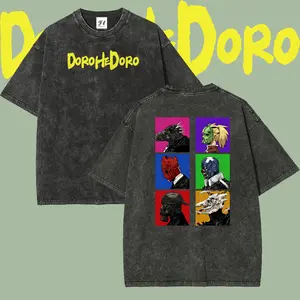 Unisex Dorohedoro Anime Character Grid Double-Sided Graphic Washed Cotton Fabric T-Shirt, Retro Short-Sleeve Vintage Distressed Oversized Loose-Fit Harajuku Dark Manga Streetwear Casual Tee