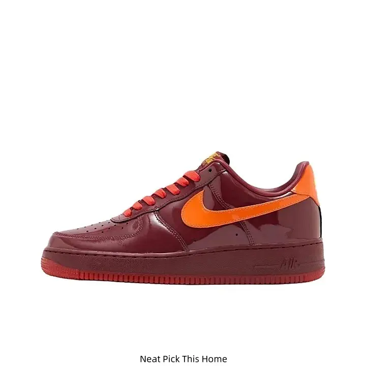 Men's 2-Tone Burgundy-Orange Patent Leather Low-Top Casual Sneakers, Orange Swoosh Logo, Burgundy Rubber Outsole, Daily Walking Trainers (Sports Collectibles Accessory)