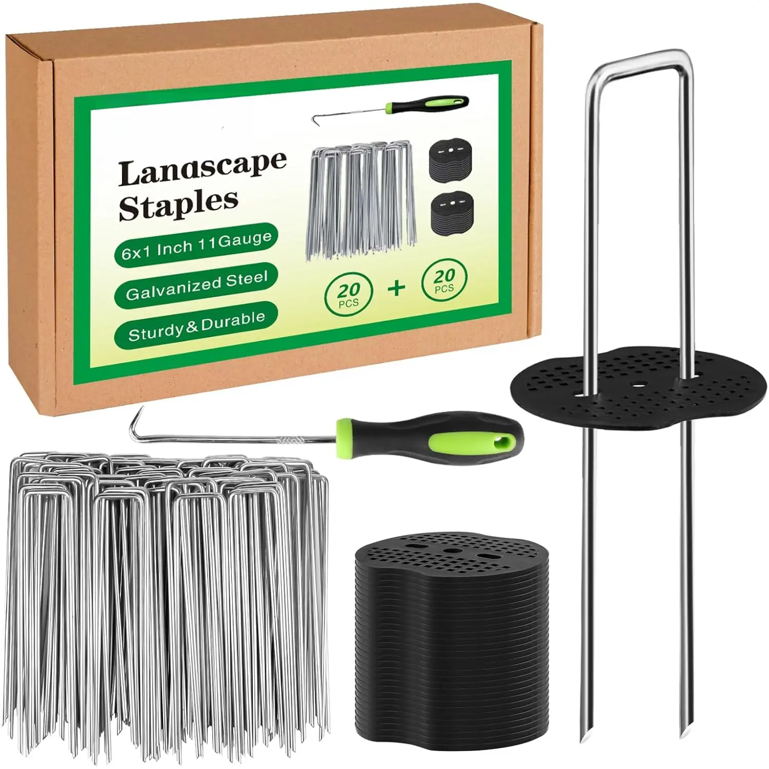 Landscape Staples Set,6 Inch 11 Gauge 20 count Galvanized Garden Stakes + 20 count Gaskets + 1Pick Hook,U-Shaped Tent Stakes Landscaping Fabric SOD Pins for Weed Fabric Barrier,Groud Cover,Fence