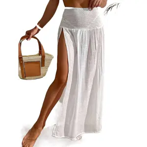Solid Color Shirred Waist Coverup Skirt, Vacation Wear Split Thigh Maxi Skirt For Summer, Women's Clothing Womenswear Bottom
