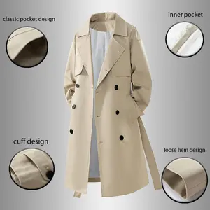 Spring And Autumn Thin Double-Breasted Men'S British Style Long Trench Coat Over The Knee