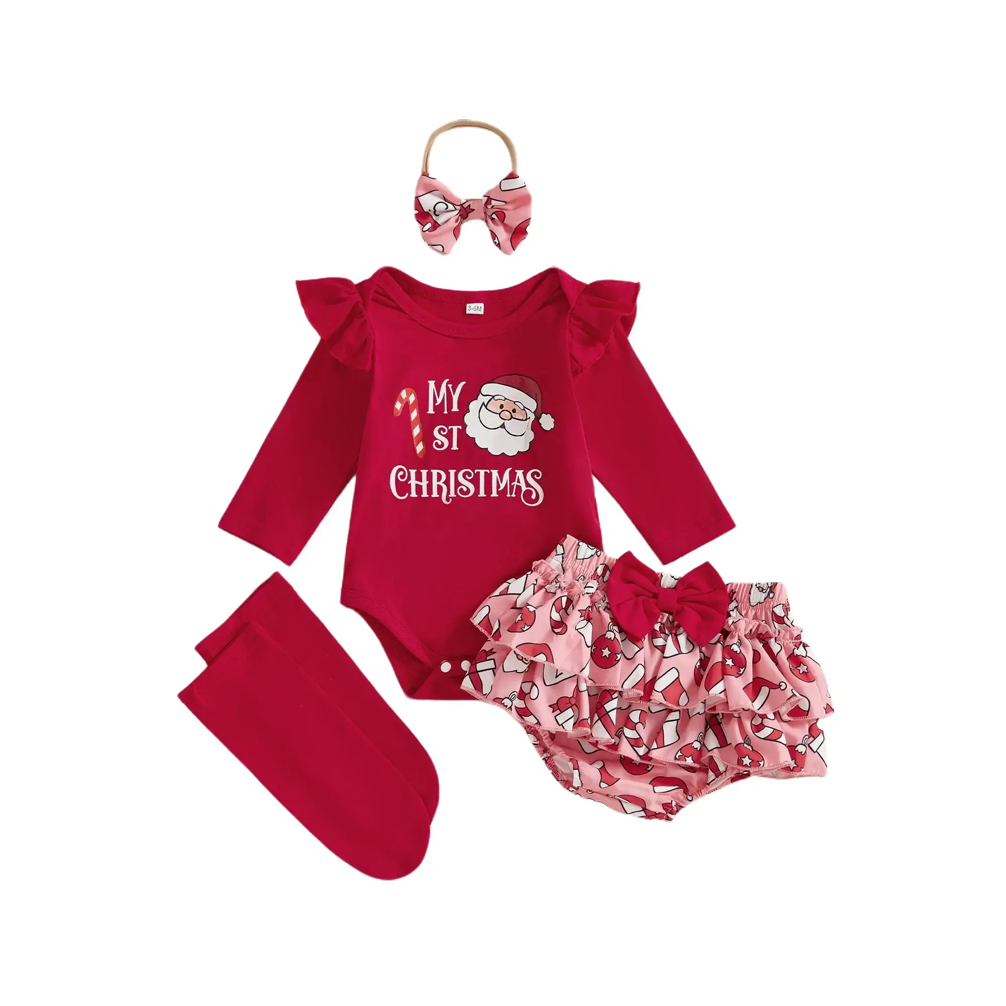 Shingpp Ruffle Long Sleeve Bodysuit Ruffle Bloomers Socks Bow Headband 4 Piece Set Gingerbread Print Crotch Snap Newborn First Christmas Outfit Infant Holiday Family Photo Matching Suit