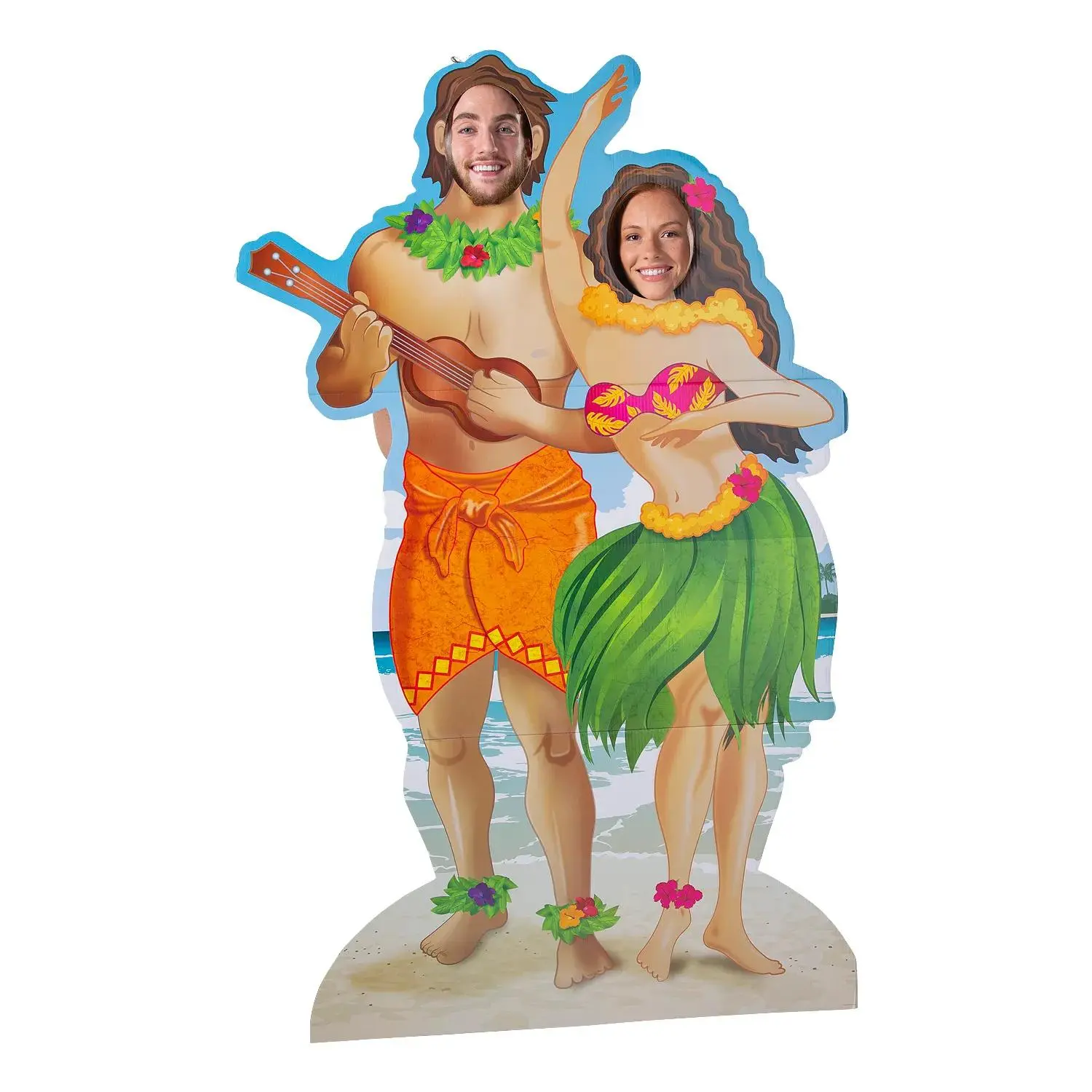 Hawaiian Couple Cardboard Cutout Stand-Up, 44in x 71in Tropical Reusable Party Decorating Prop for Birthday-Themed Photobooths