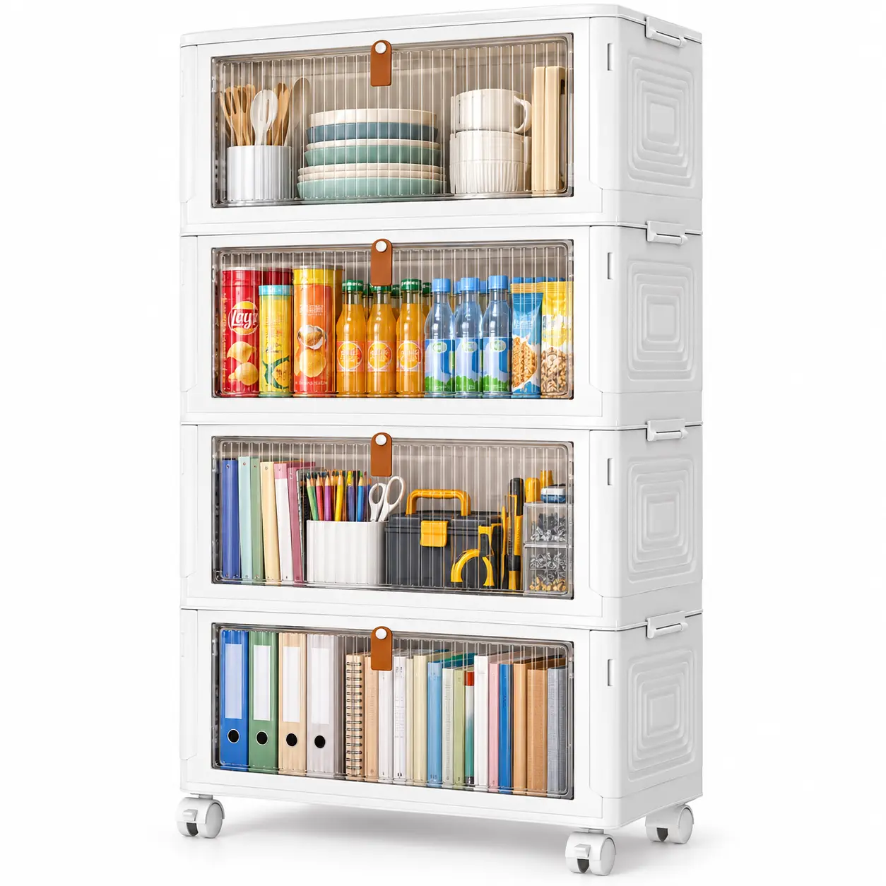 Classic 4-Tier Stackable Collapsible Plastic Storage Bins with Lids & Rolling Wheels, Organizer Unit for Storage Organization (23/35qt, Fits 3-4 People) – Home Office Dorm Room Organizer