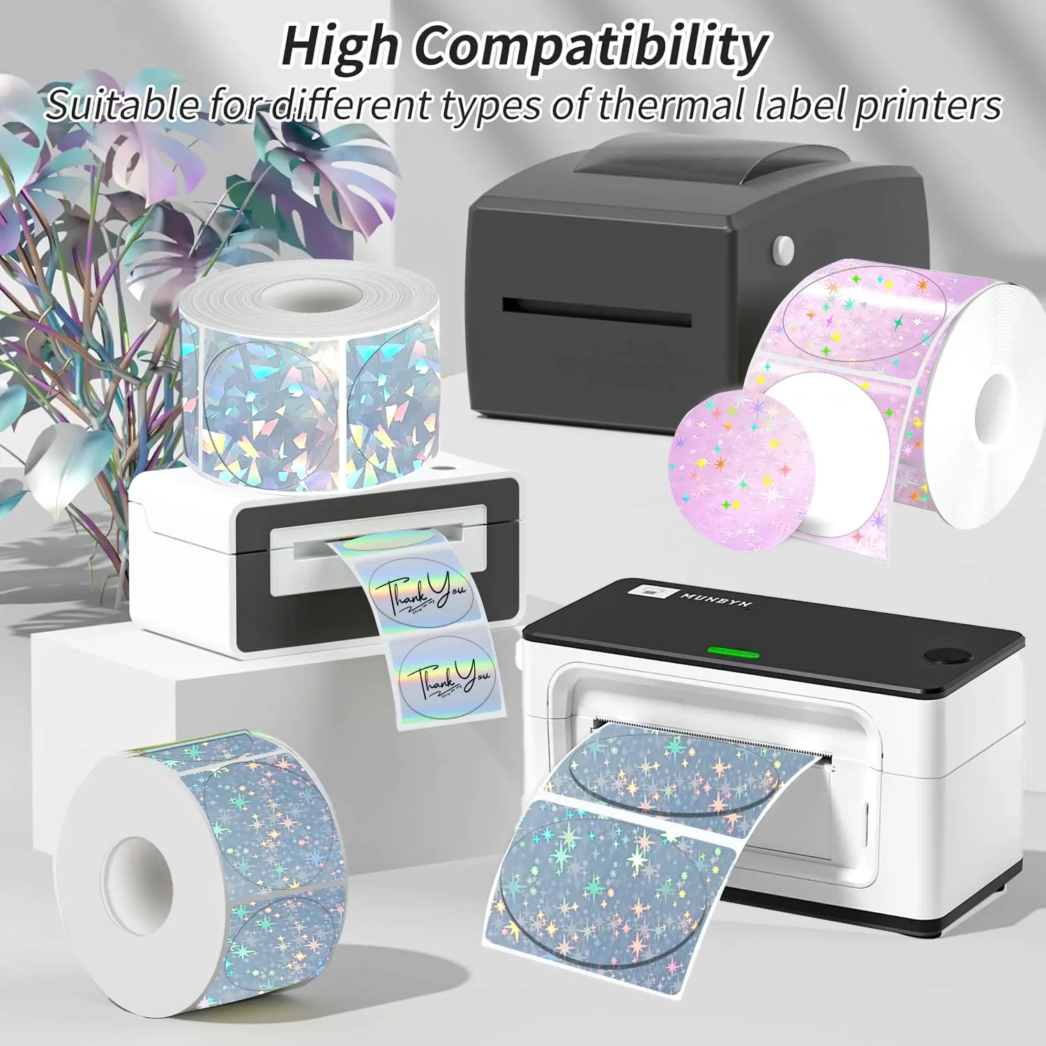 Holographic Silver Round Labels 5x5cm, 400pcs, Adhesive Price Tags, Thermal Printing Labels, Thermal Label Paper Labels for Printers for Phomemo Pm-246-S Printer
