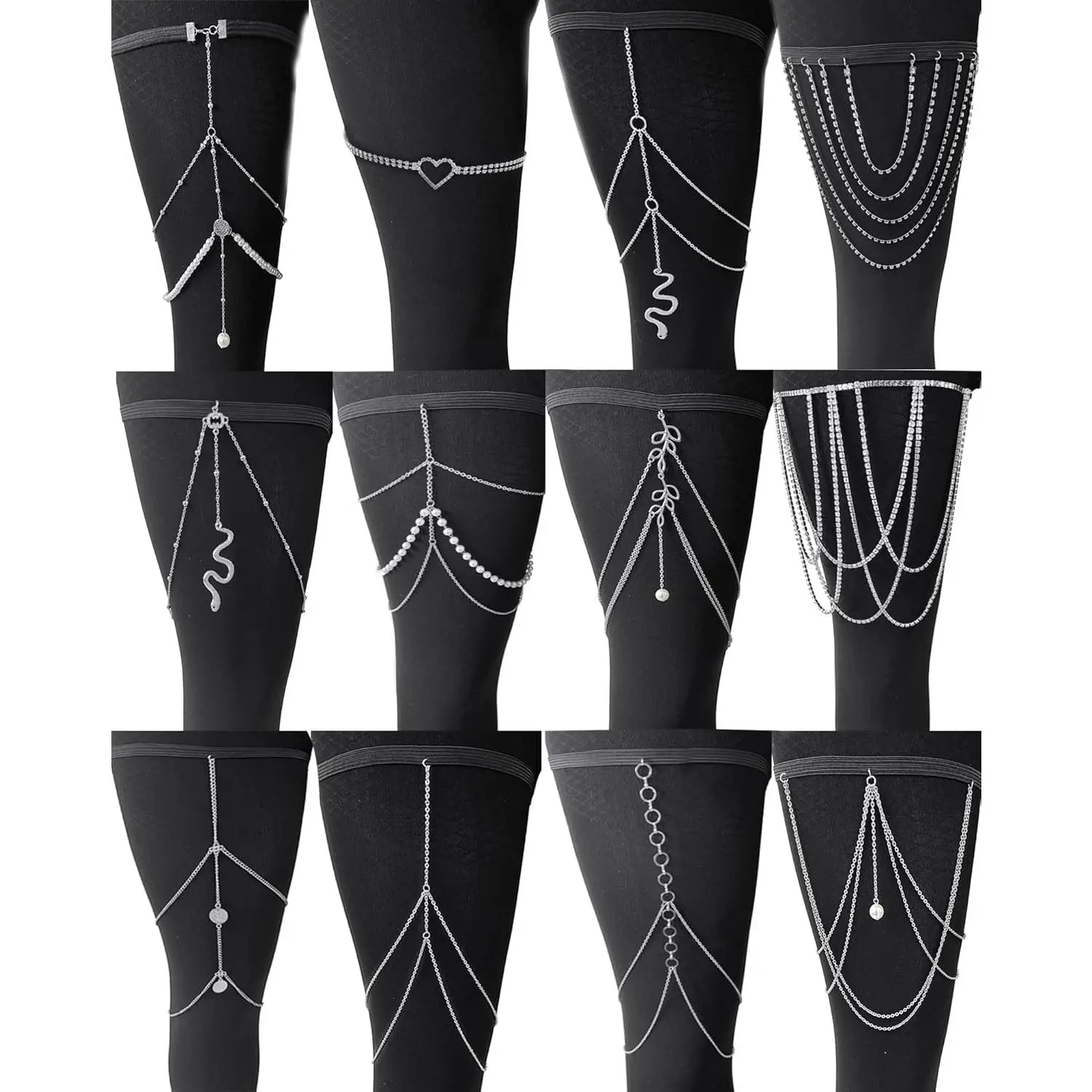 Women's 12Pcs Boho Layered Body Jewelry Set - Alloy Snake, Hearts, Pearl, CZ Thigh Leg Chain with Elastic Band, Thigh Cuff, Silver Gold Tone Costume Jewelry for Summer Beach Party