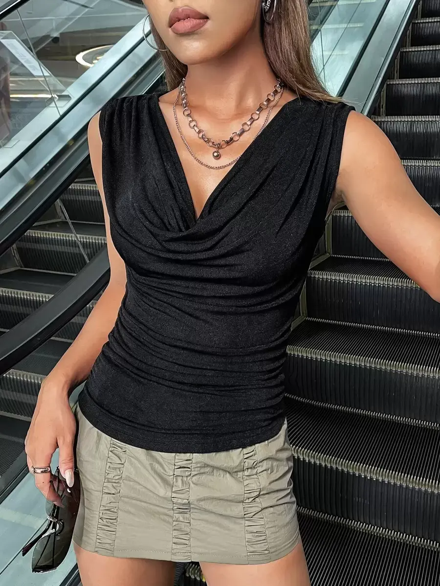 Draped Collar Ruched Tank Top