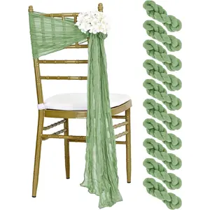MDS Pack of 10 PCS Cheesecloth Chair Sashes 17"x70" Gauze Rustic Aisle Decorations Designed Chair Bows for Wedding Birthday Baby Shower Reception Party Banquet Hotel Event Decoration - Sage Green