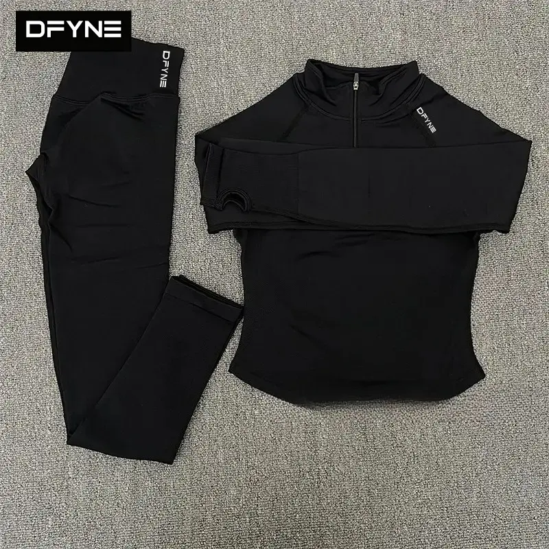 DFYNE Women Seamless Quarter Zip Workout Set Matte Pullover Top Long Sleeve High Waisted Tummy Control Leggings Sculpting Gym Outfit Matching Activewear Two Piece Athletic Suit Yoga Pilates Running Clothing
