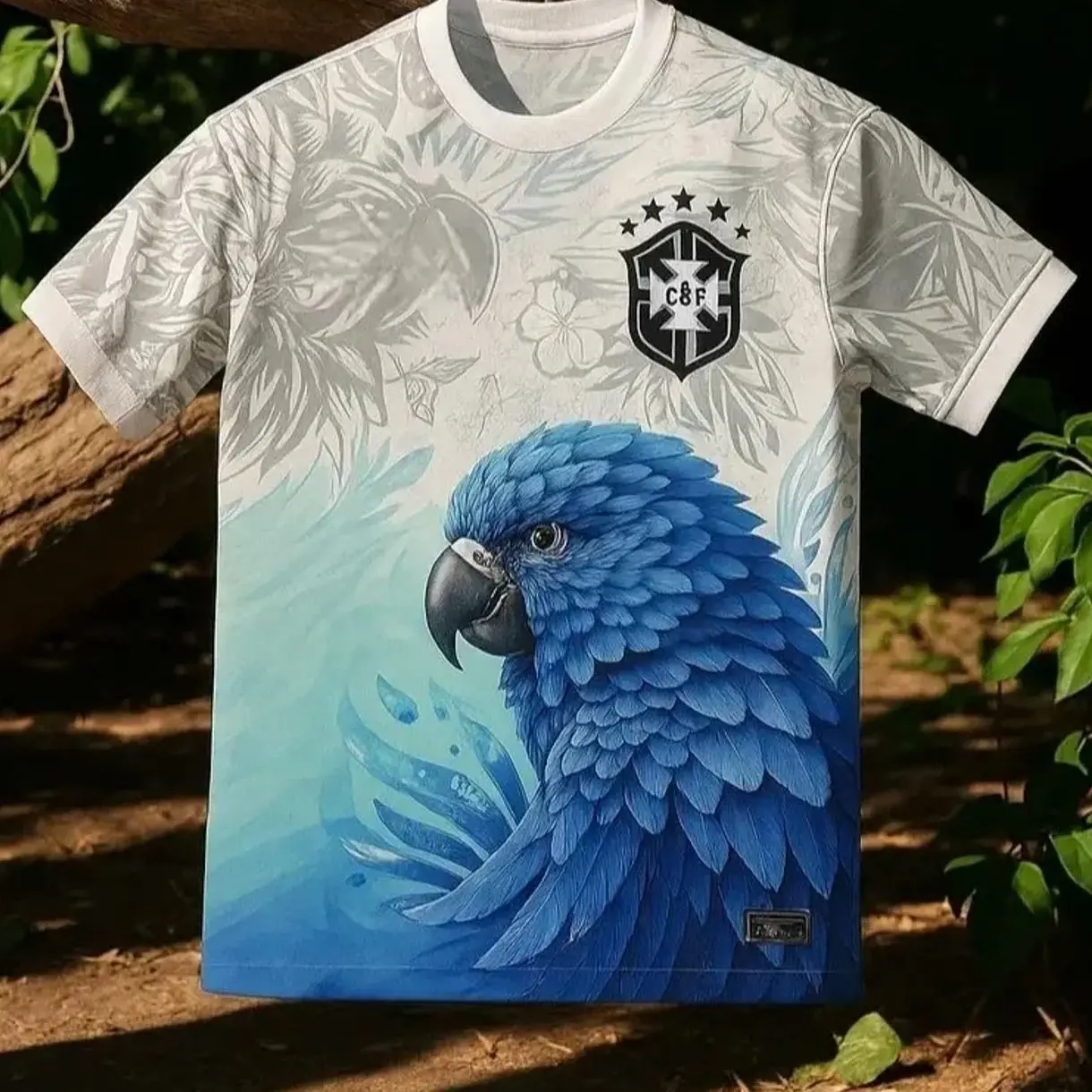 Brazil Soccer Fan Tee 2026 Unisex Oversized White Blue Spix Macaw Tropical Floral 3D Bird Print CBF Crest Home & Away Street Casual Fall Winter Spring Loose Fit Supporter Gift