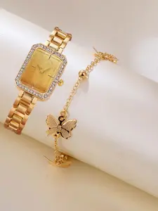 2-piece Women's Watch Set, Simple and Fashionable Full Sky Star Rhinestone Square Watch Set