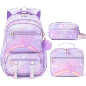 Backpack for Girls, 3 count Rainbow & Butterflies Teen Girls Backpack with Lunch Box Pencil Case, Cute  Bookbag School Bag for  Elementary Middle School Student Ages 5+